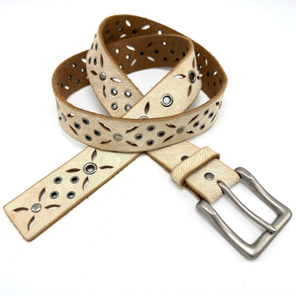 Fossil Boho Belt L 38 Studded Cream Leather Pinwheel Cut Outs Western Hippie Y2K